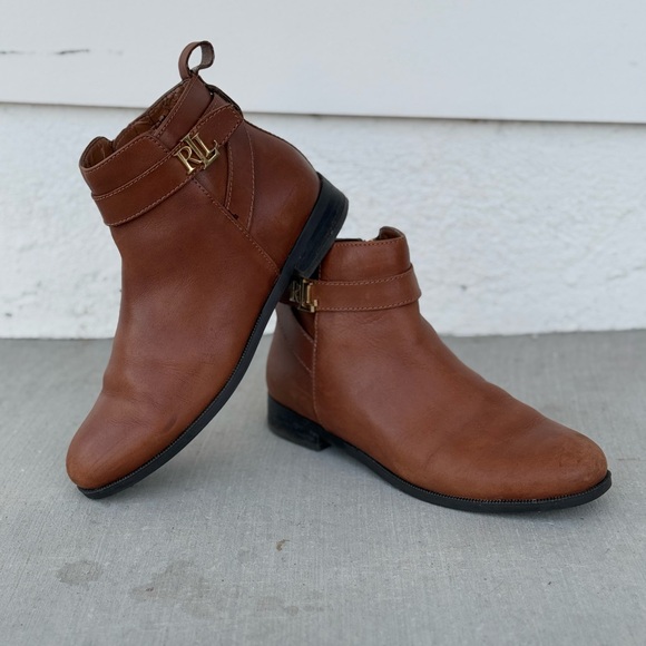 Ralph Lauren Brown Leather Ankle Boots with Gold Accent - Picture 4 of 10